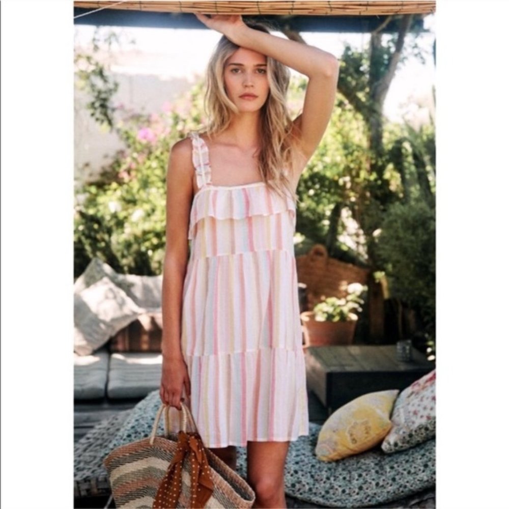 Sezane Fily Rainbow Pastel Stripe Sun Dress